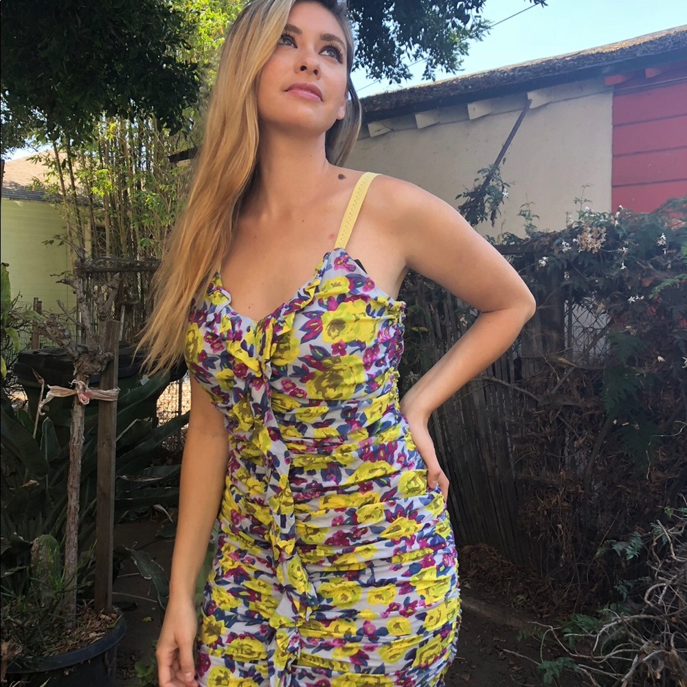 YA Los Angeles Floral Ruffle Ruched Mini Dress M🔥
